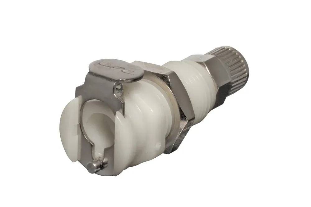 Priechodková zásuvka rýchlospojky pre hadicu s maticou a ventilom, acetál, séria PMC DN 3,2